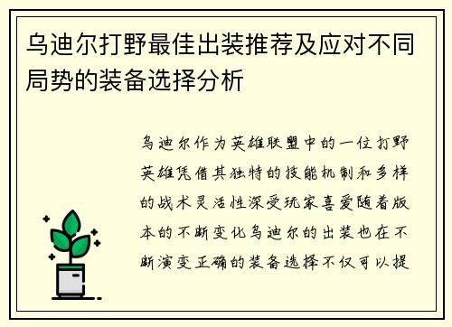 乌迪尔打野最佳出装推荐及应对不同局势的装备选择分析