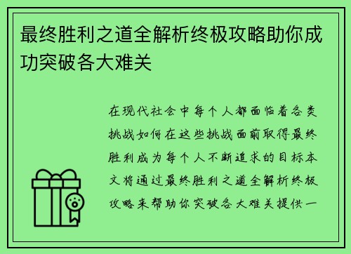 最终胜利之道全解析终极攻略助你成功突破各大难关